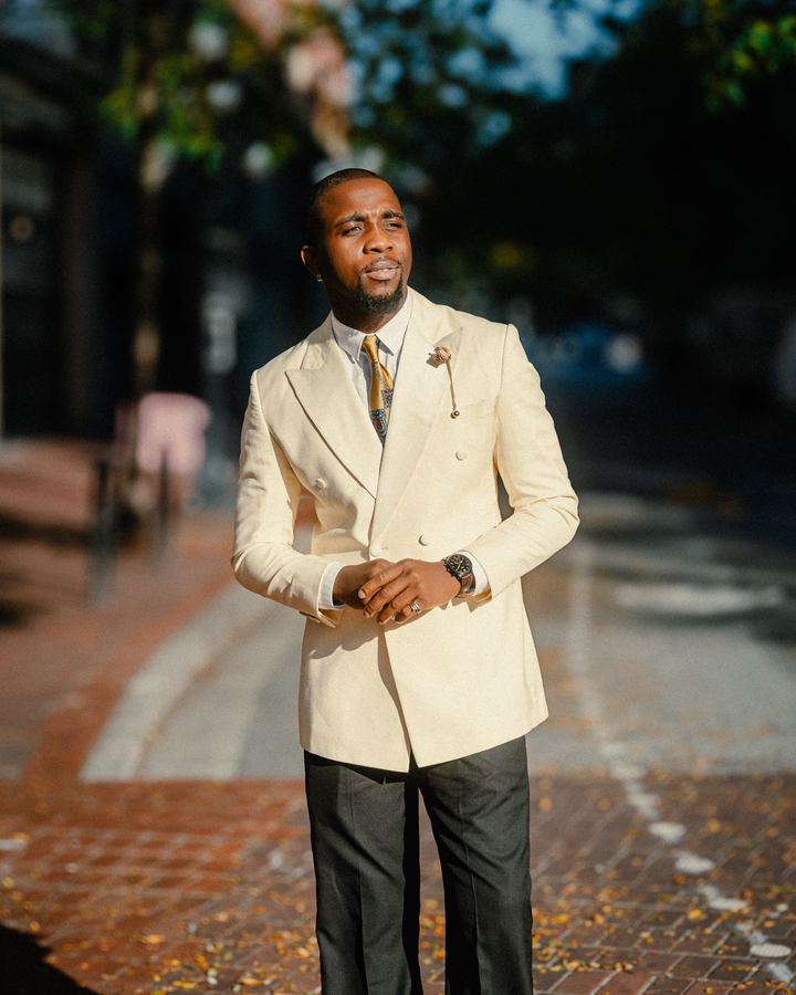 Cream suit on the street