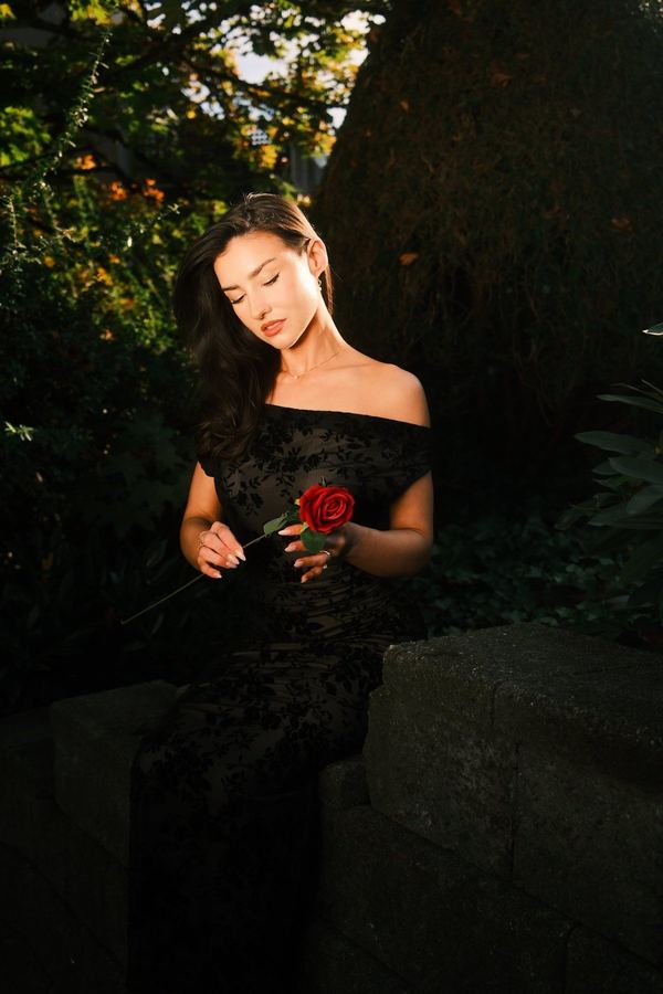 Portrait with rose, golden hour