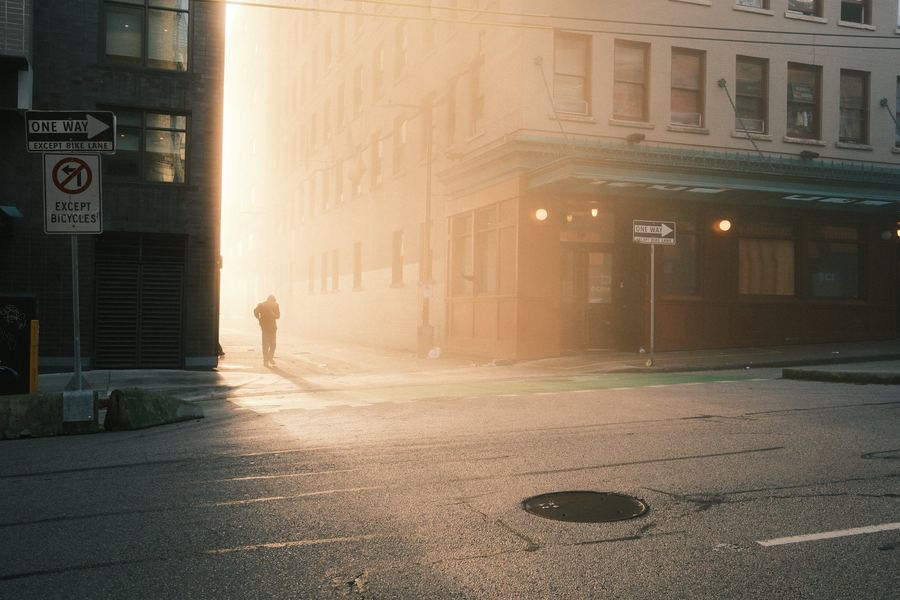 Foggy street, golden light